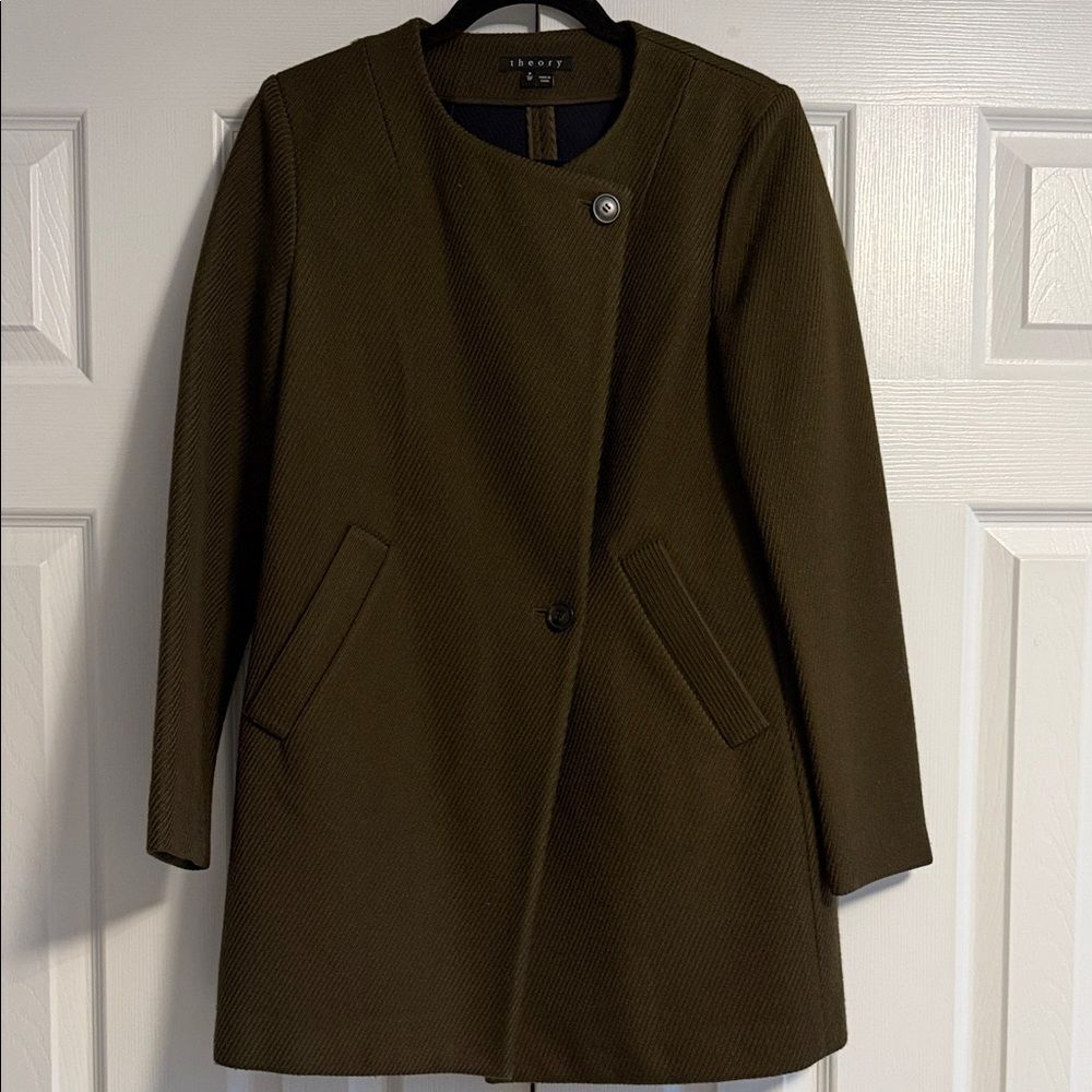 Theory Angled Ribbed Olive Green Two Button Collarless Coat Size P